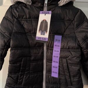 Kids Black Puffer Water Resistant Jacket with Faux Fur Hood